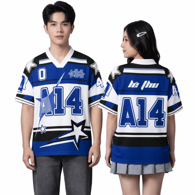 POLO CỔ V HỌA TIẾT NGÔI SAO XANH ĐEN VÀ TRẮNG-1